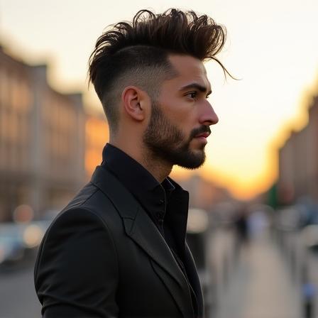 Hombre posando con un corte mullet moderno y perfilado