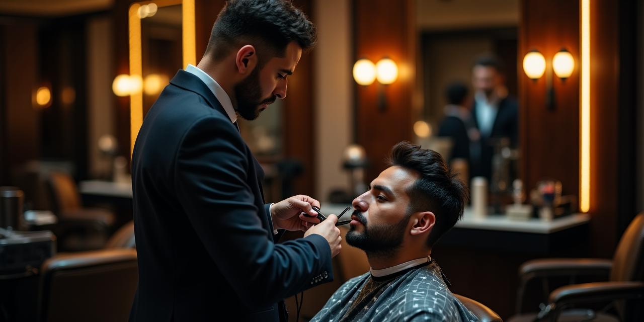 Barbero profesional realizando un corte moderno en un salón premium